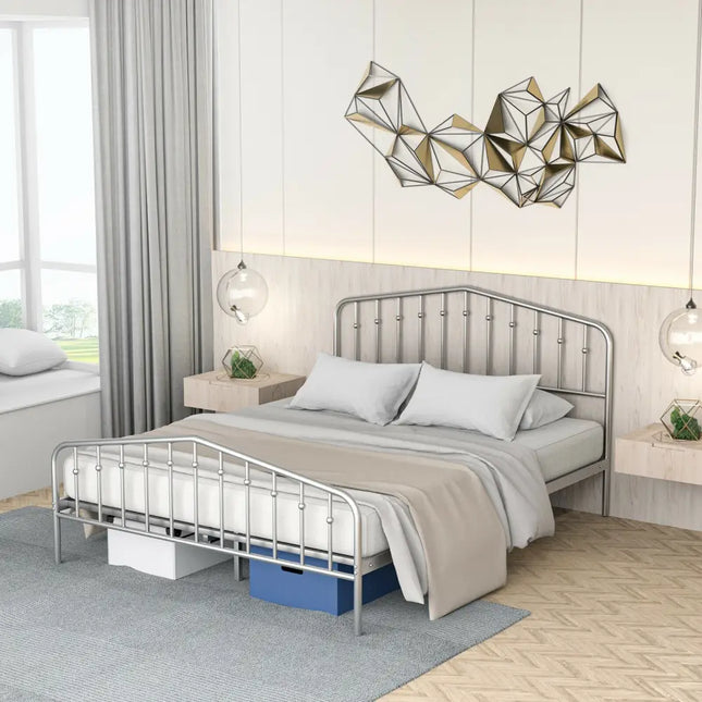Queen Size Metal Bed Frame Platform Headboard and Footboard with Storage-Silver - Silver - Simple Bed Frame