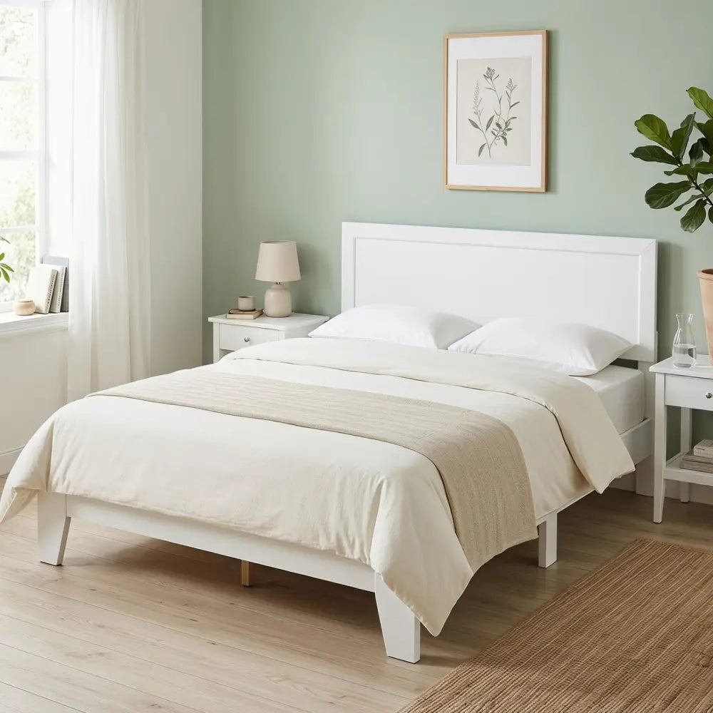 Queen Size Modern Bed Frame with Headboard-White - White - Simple Bed Frame