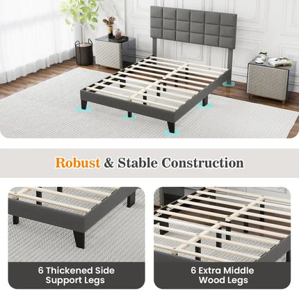 Queen Size Modern Linen Bed Frame with Adjustable Headboard-Gray - Gray - Simple Bed Frame