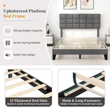 Queen Size Modern Linen Bed Frame with Adjustable Headboard-Gray - Gray - Simple Bed Frame