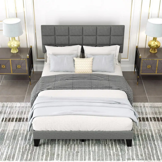 Queen Size Modern Linen Bed Frame with Adjustable Headboard-Gray - Gray - Simple Bed Frame