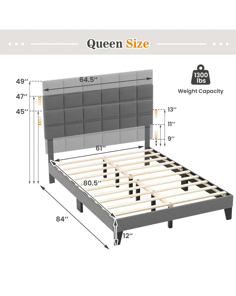 Queen Size Modern Linen Bed Frame with Adjustable Headboard-Gray - Gray - Simple Bed Frame