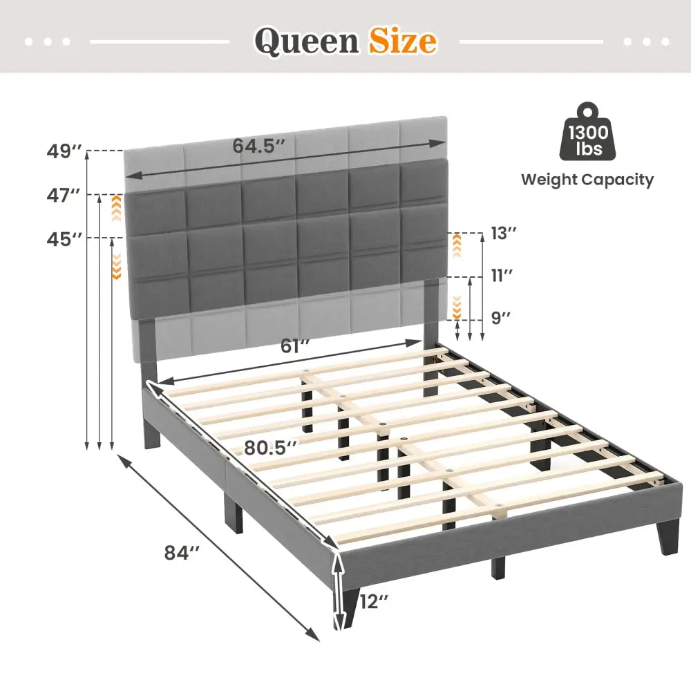 Queen Size Modern Linen Bed Frame with Adjustable Headboard-Gray - Gray - Simple Bed Frame