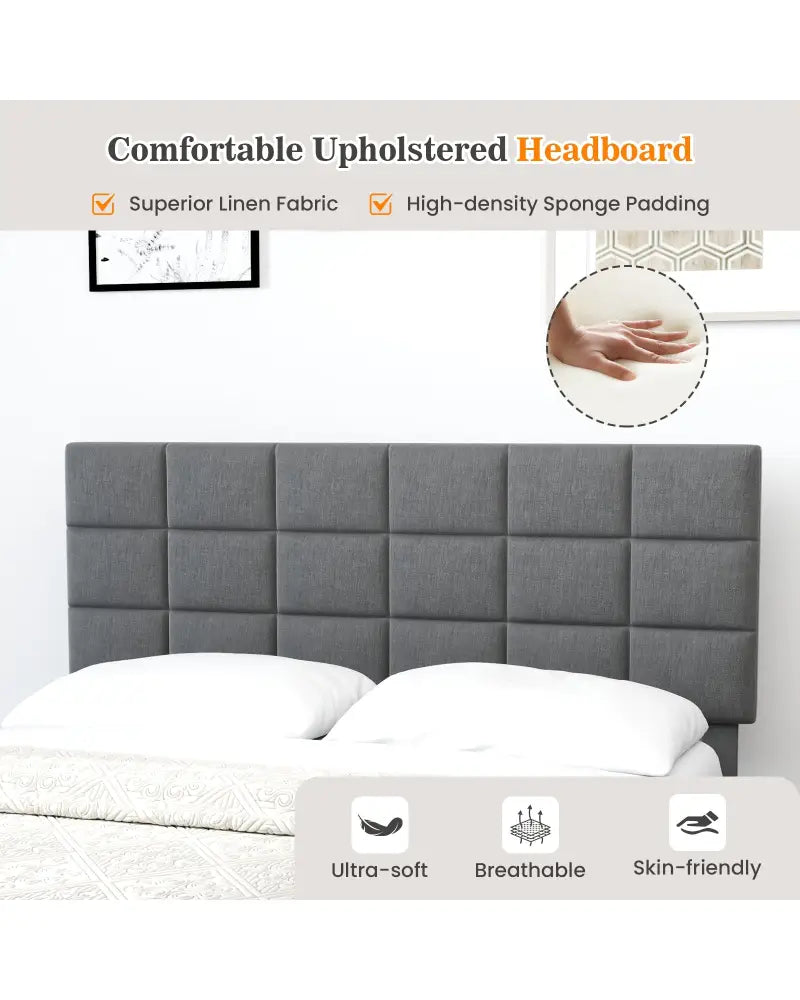 Queen Size Modern Linen Bed Frame with Adjustable Headboard-Gray - Gray - Simple Bed Frame