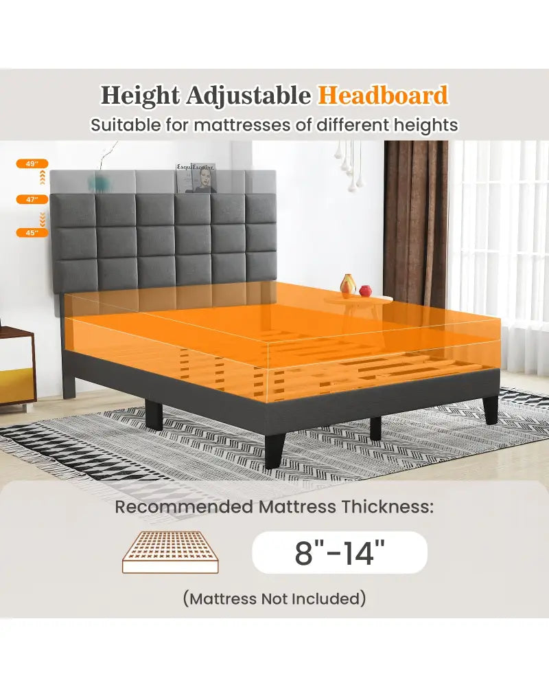 Queen Size Modern Linen Bed Frame with Adjustable Headboard-Gray - Gray - Simple Bed Frame