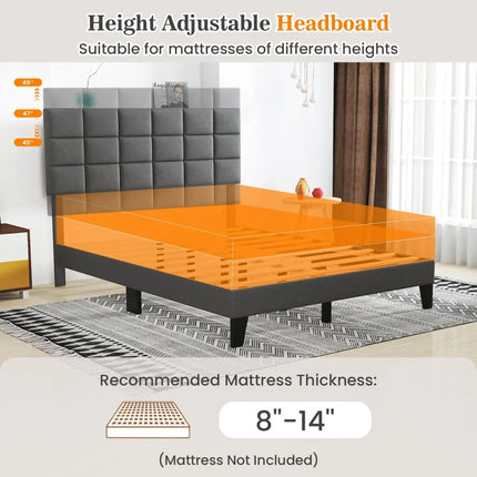 Queen Size Modern Linen Bed Frame with Adjustable Headboard-Gray - Gray - Simple Bed Frame