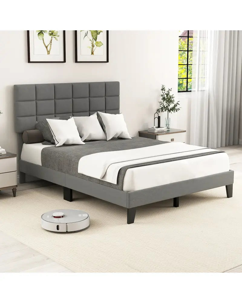 Queen Size Modern Linen Bed Frame with Adjustable Headboard-Gray - Gray - Simple Bed Frame
