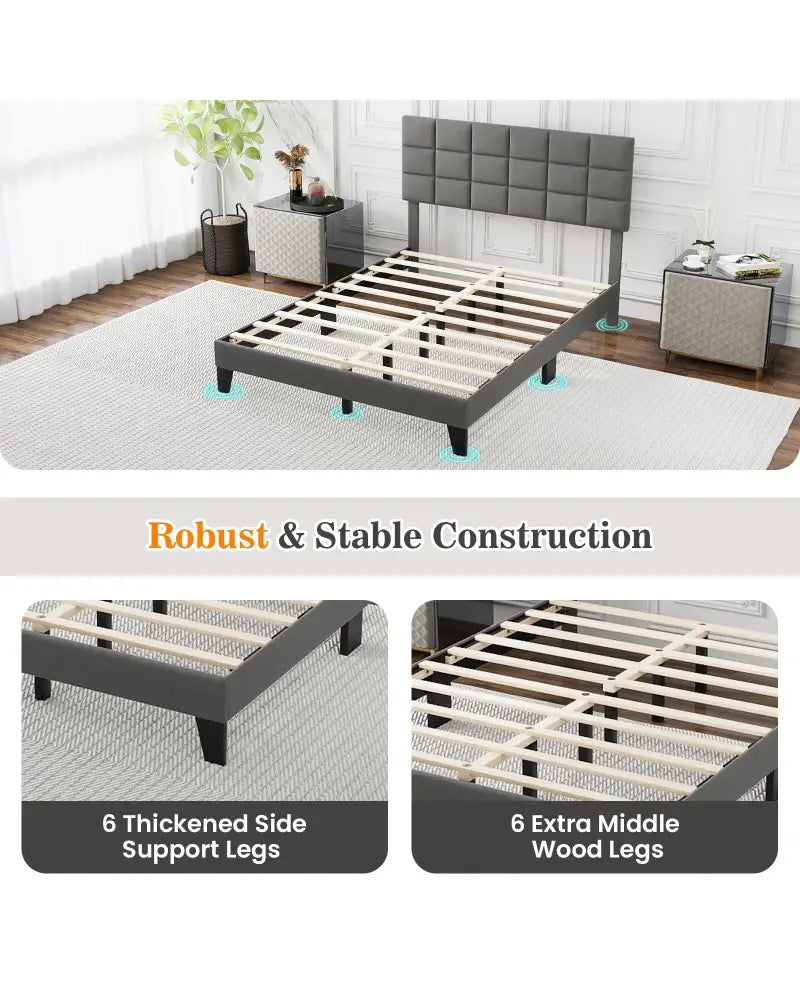 Queen Size Modern Linen Bed Frame with Adjustable Headboard-Gray - Gray - Simple Bed Frame