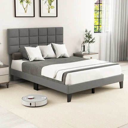 Queen Size Modern Linen Bed Frame with Adjustable Headboard-Gray - Gray - Simple Bed Frame