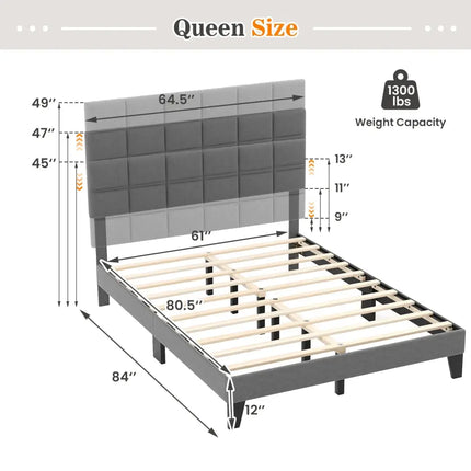 Queen Size Modern Linen Bed Frame with Adjustable Headboard-Gray - Gray - Simple Bed Frame