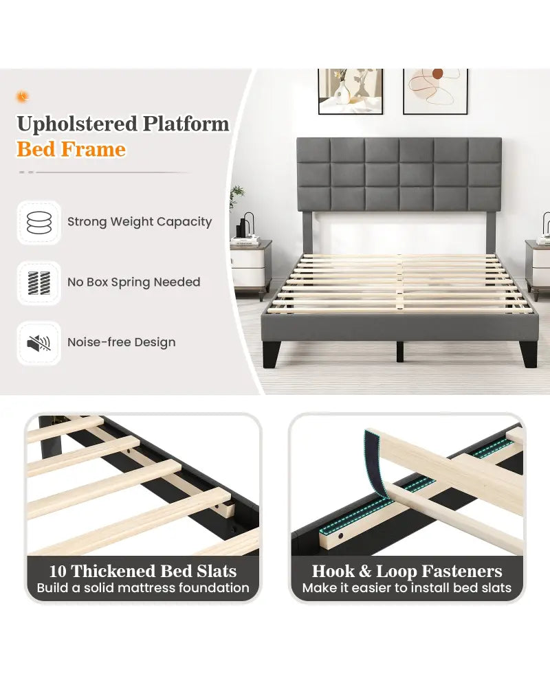 Queen Size Modern Linen Bed Frame with Adjustable Headboard-Gray - Gray - Simple Bed Frame