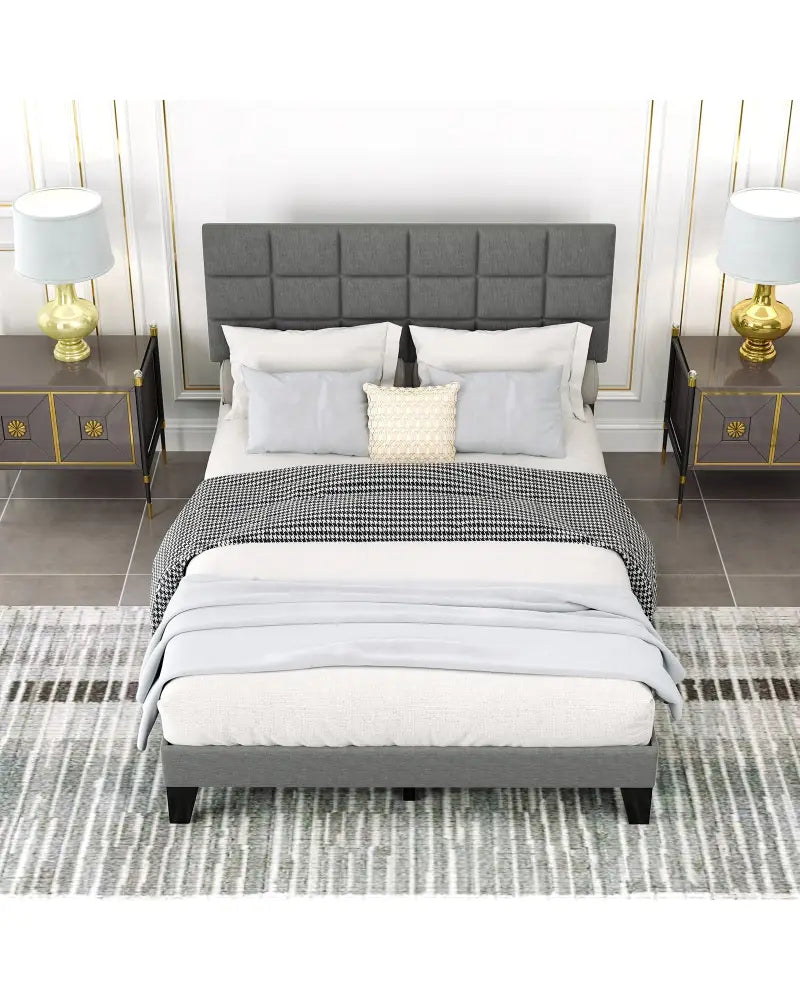 Queen Size Modern Linen Bed Frame with Adjustable Headboard-Gray - Gray - Simple Bed Frame