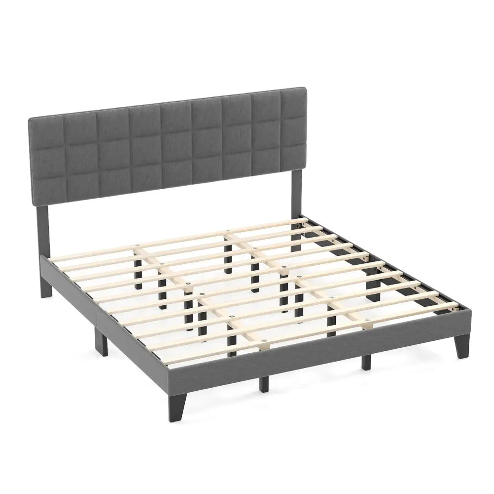 Queen Size Modern Linen Bed Frame with Adjustable Headboard-Gray - Gray - Simple Bed Frame