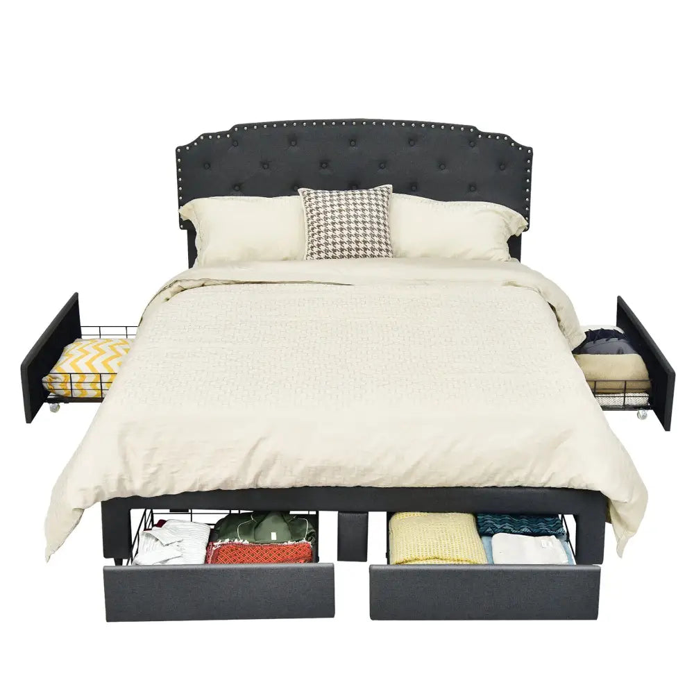Queen Size Platform Bed Frame with Adjustable Headboard and 4 Storage Drawers - Gray - Simple Bed Frame