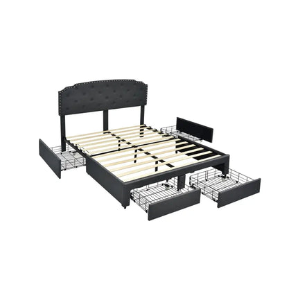 Queen Size Platform Bed Frame with Adjustable Headboard and 4 Storage Drawers - Gray - Simple Bed Frame