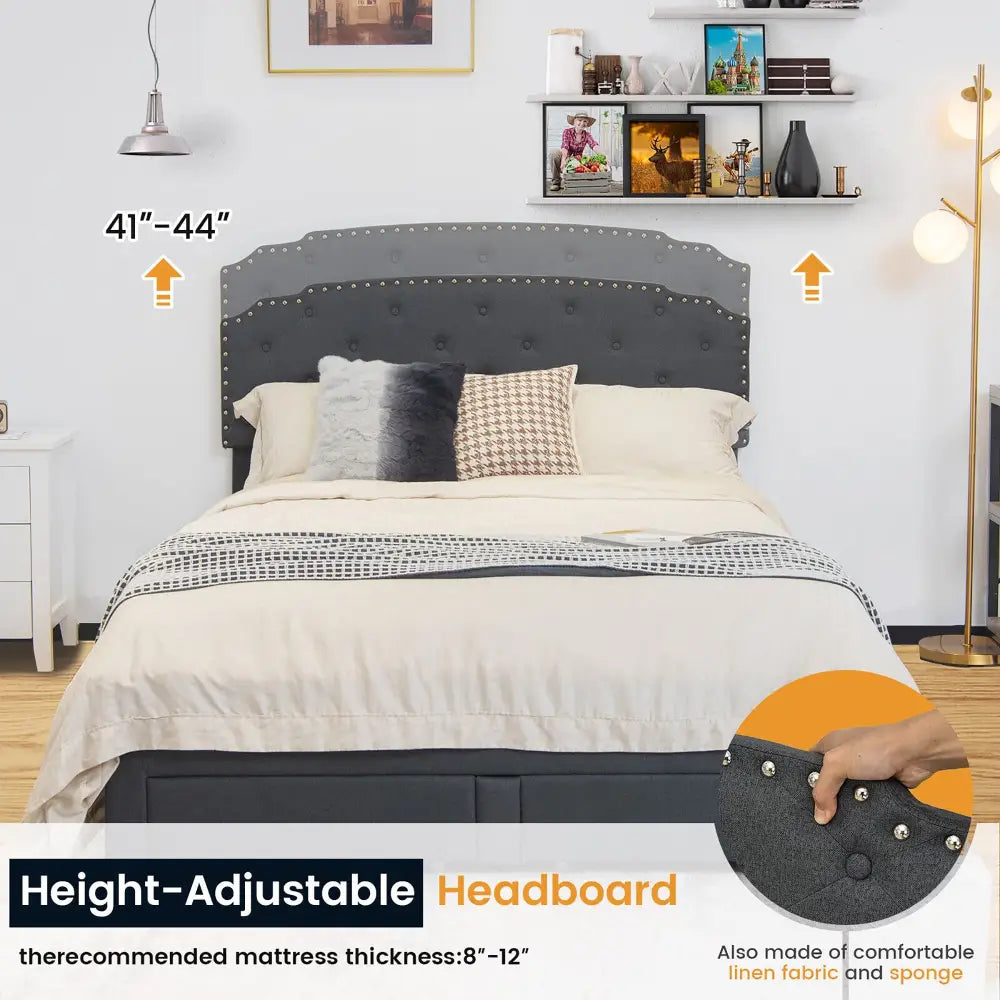 Queen Size Platform Bed Frame with Adjustable Headboard and 4 Storage Drawers - Gray - Simple Bed Frame