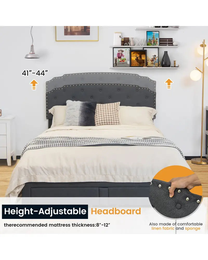 Queen Size Platform Bed Frame with Adjustable Headboard and 4 Storage Drawers - Gray - Simple Bed Frame