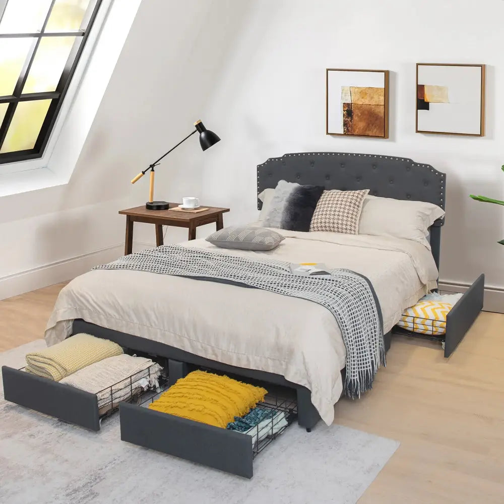 Queen Size Platform Bed Frame with Adjustable Headboard and 4 Storage Drawers - Gray - Simple Bed Frame