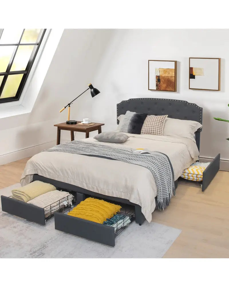 Queen Size Platform Bed Frame with Adjustable Headboard and 4 Storage Drawers - Gray - Simple Bed Frame