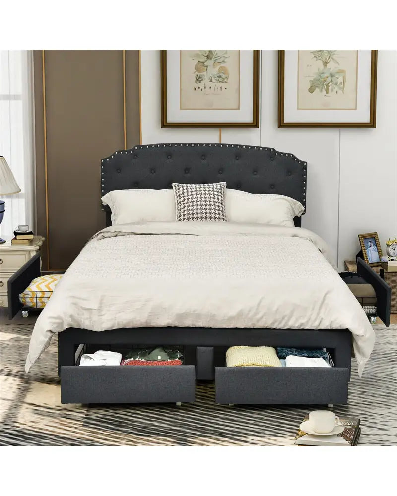 Queen Size Platform Bed Frame with Adjustable Headboard and 4 Storage Drawers - Gray - Simple Bed Frame