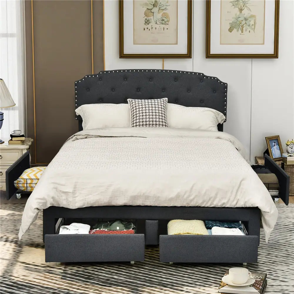 Queen Size Platform Bed Frame with Adjustable Headboard and 4 Storage Drawers - Gray - Simple Bed Frame