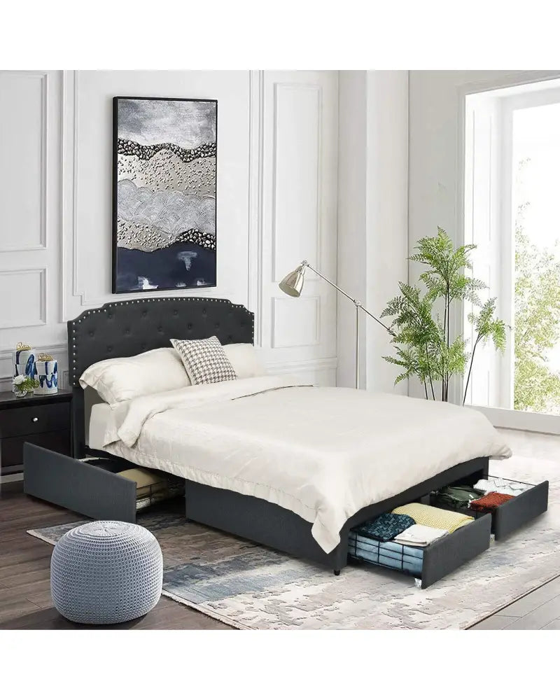 Queen Size Platform Bed Frame with Adjustable Headboard and 4 Storage Drawers - Gray - Simple Bed Frame