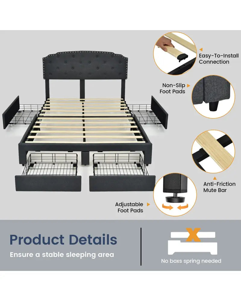 Queen Size Platform Bed Frame with Adjustable Headboard and 4 Storage Drawers - Gray - Simple Bed Frame