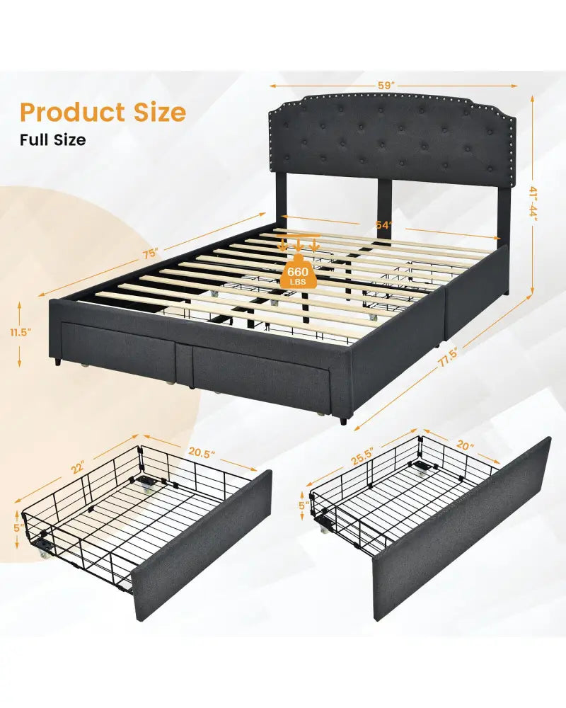 Queen Size Platform Bed Frame with Adjustable Headboard and 4 Storage Drawers - Gray - Simple Bed Frame