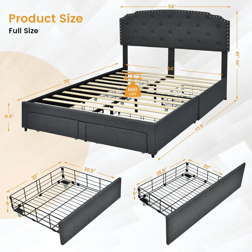 Queen Size Platform Bed Frame with Adjustable Headboard and 4 Storage Drawers - Gray - Simple Bed Frame