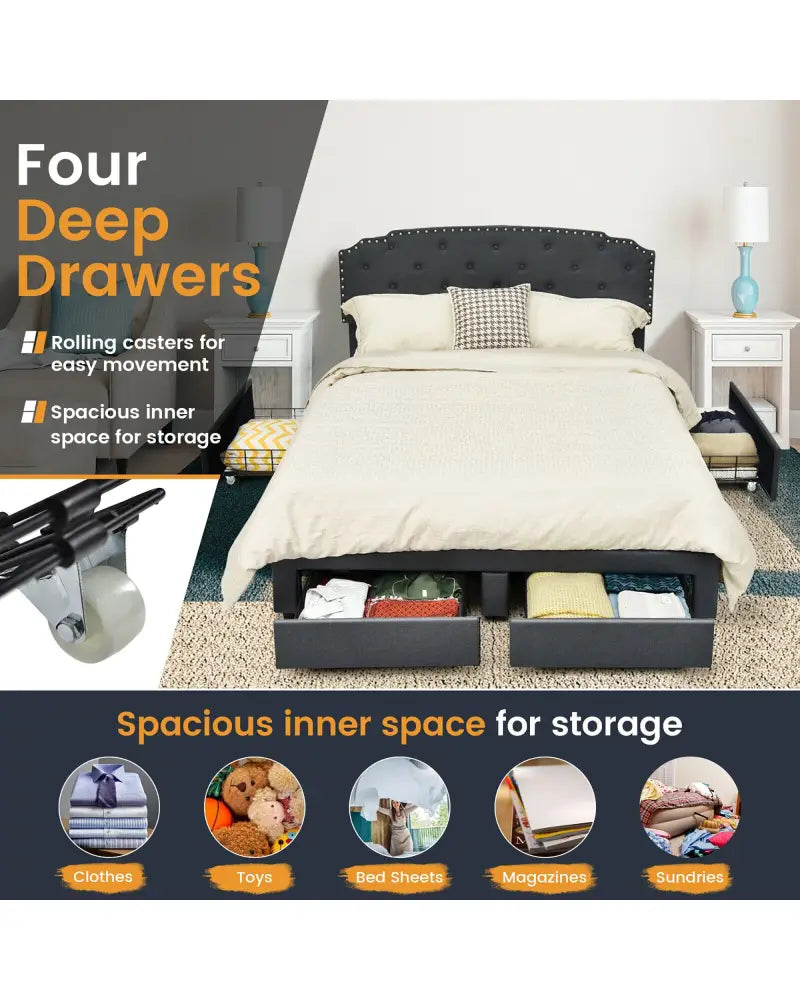 Queen Size Platform Bed Frame with Adjustable Headboard and 4 Storage Drawers - Gray - Simple Bed Frame