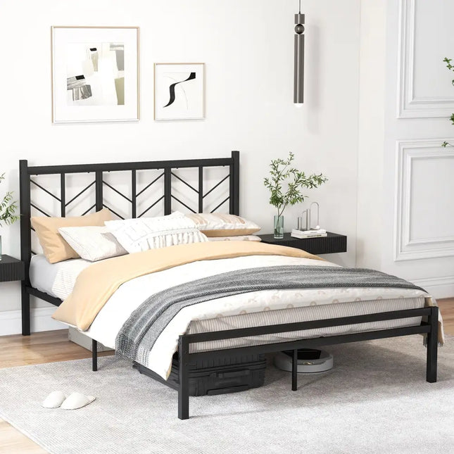 Queen Size Platform Bed with Headboard and Metal Frame-Queen Size - Black - Simple Bed Frame