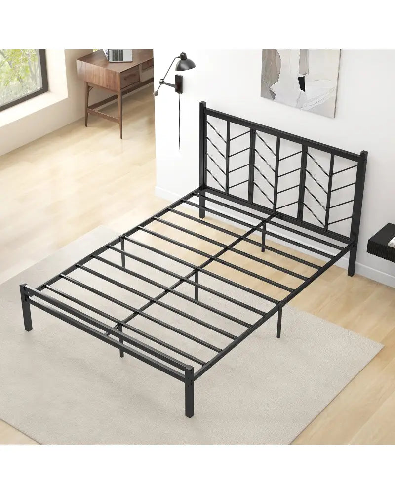 Queen Size Platform Bed with Headboard and Metal Frame-Queen Size - Black - Simple Bed Frame