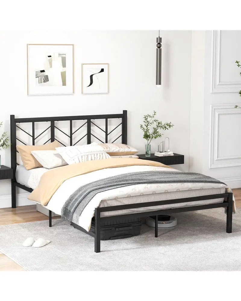 Queen Size Platform Bed with Headboard and Metal Frame-Queen Size - Black - Simple Bed Frame