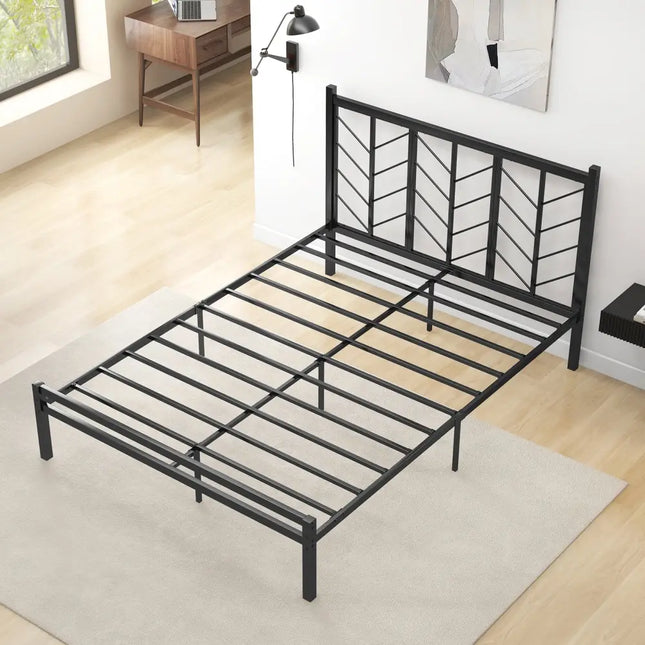 Queen Size Platform Bed with Headboard and Metal Frame-Queen Size - Black - Simple Bed Frame
