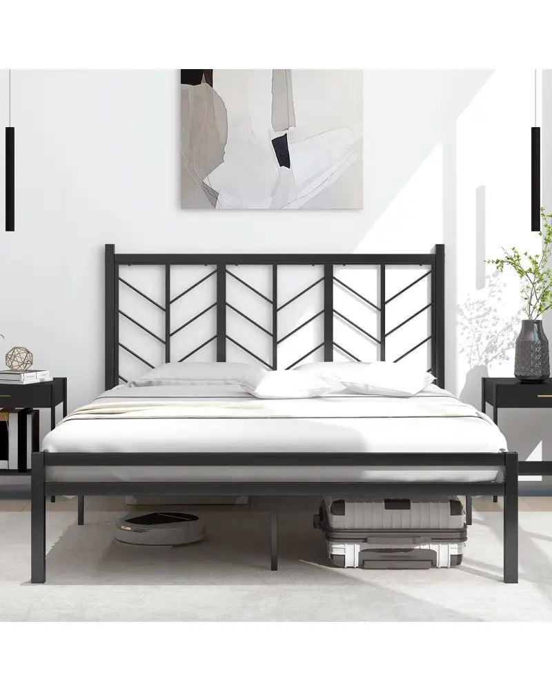 Queen Size Platform Bed with Headboard and Metal Frame-Queen Size - Black - Simple Bed Frame
