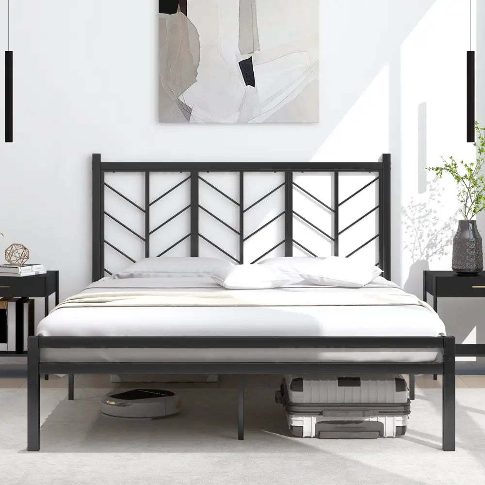 Queen Size Platform Bed with Headboard and Metal Frame-Queen Size - Black - Simple Bed Frame