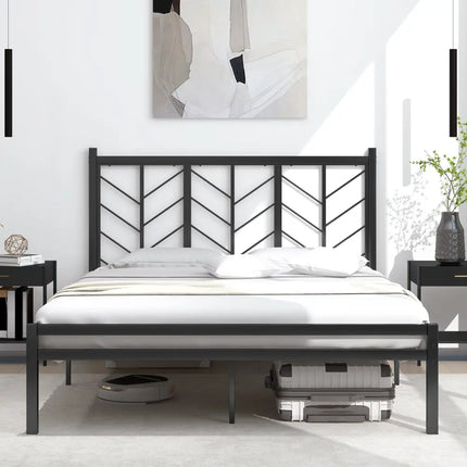 Queen Size Platform Bed with Headboard and Metal Frame-Queen Size - Black - Simple Bed Frame