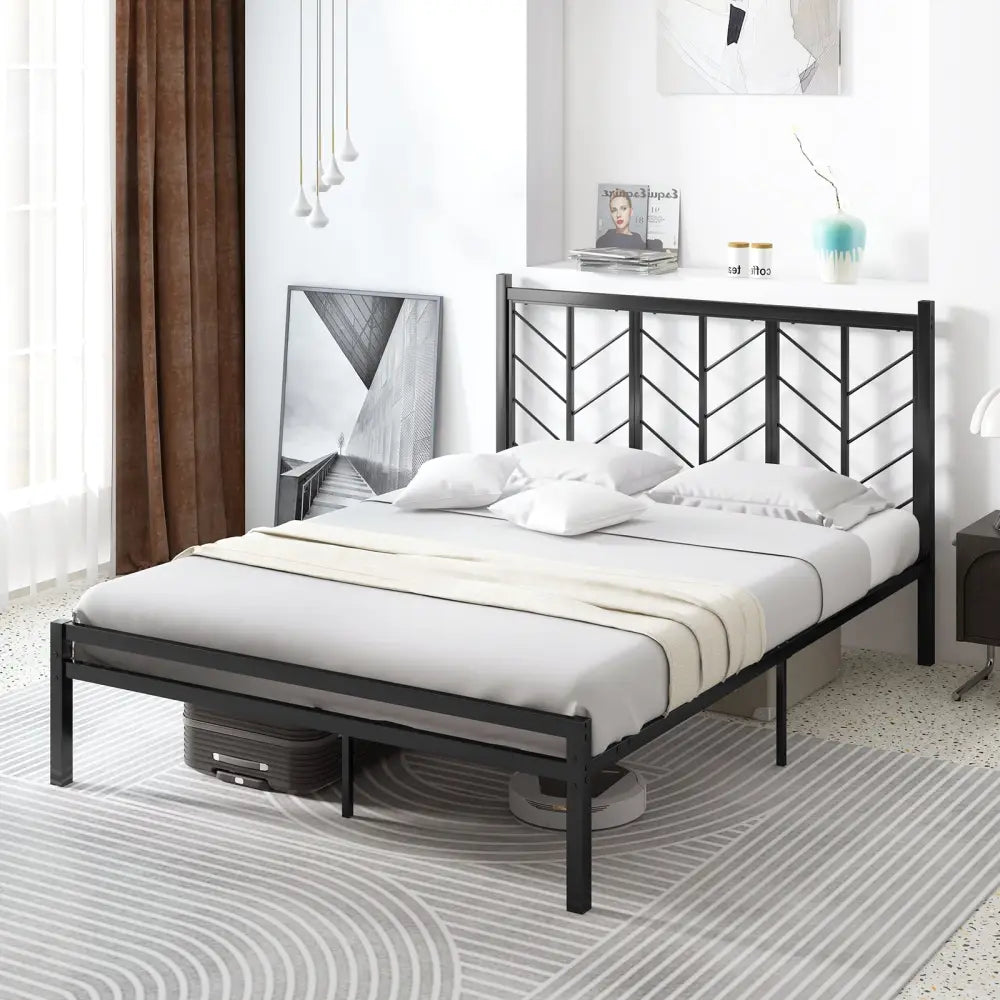 Queen Size Platform Bed with Headboard and Metal Frame-Queen Size - Black - Simple Bed Frame