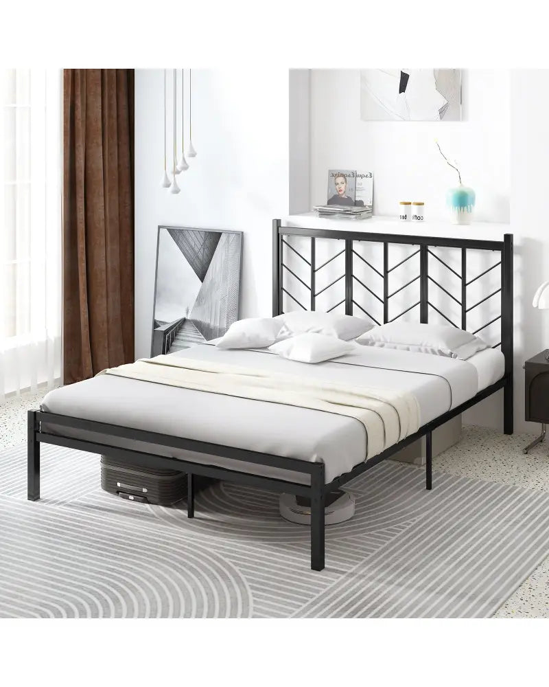 Queen Size Platform Bed with Headboard and Metal Frame-Queen Size - Black - Simple Bed Frame