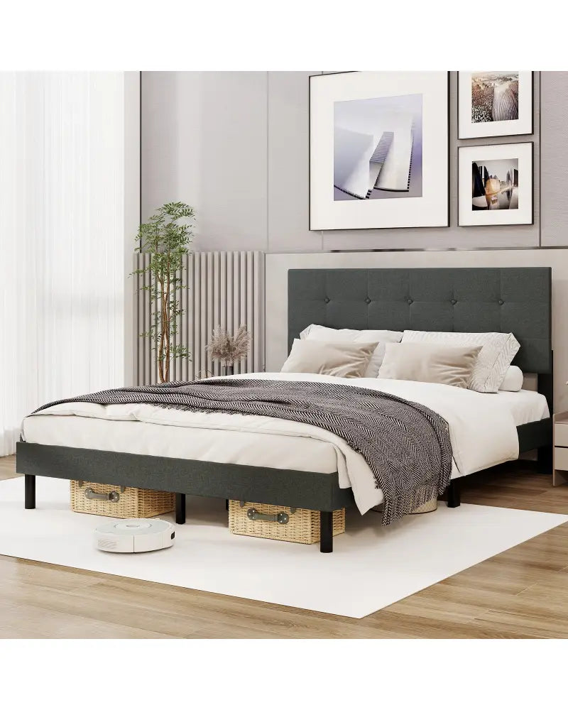 Queen Size Upholstered Bed Frame Linen Platform Bed-Dark Gray - Dark Gray - Simple Bed Frame