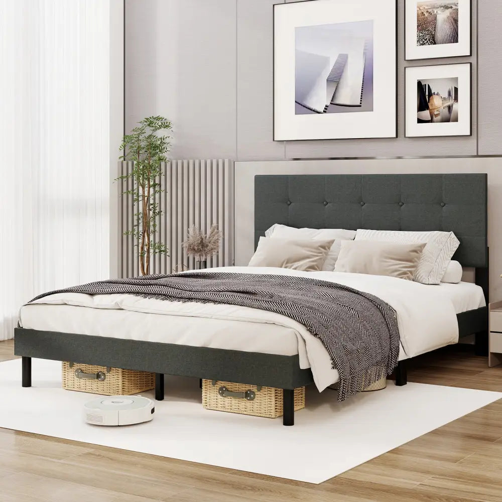 Queen Size Upholstered Bed Frame Linen Platform Bed-Dark Gray - Dark Gray - Simple Bed Frame