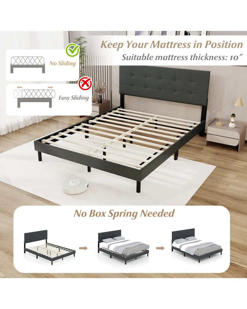 Queen Size Upholstered Bed Frame Linen Platform Bed-Dark Gray - Dark Gray - Simple Bed Frame