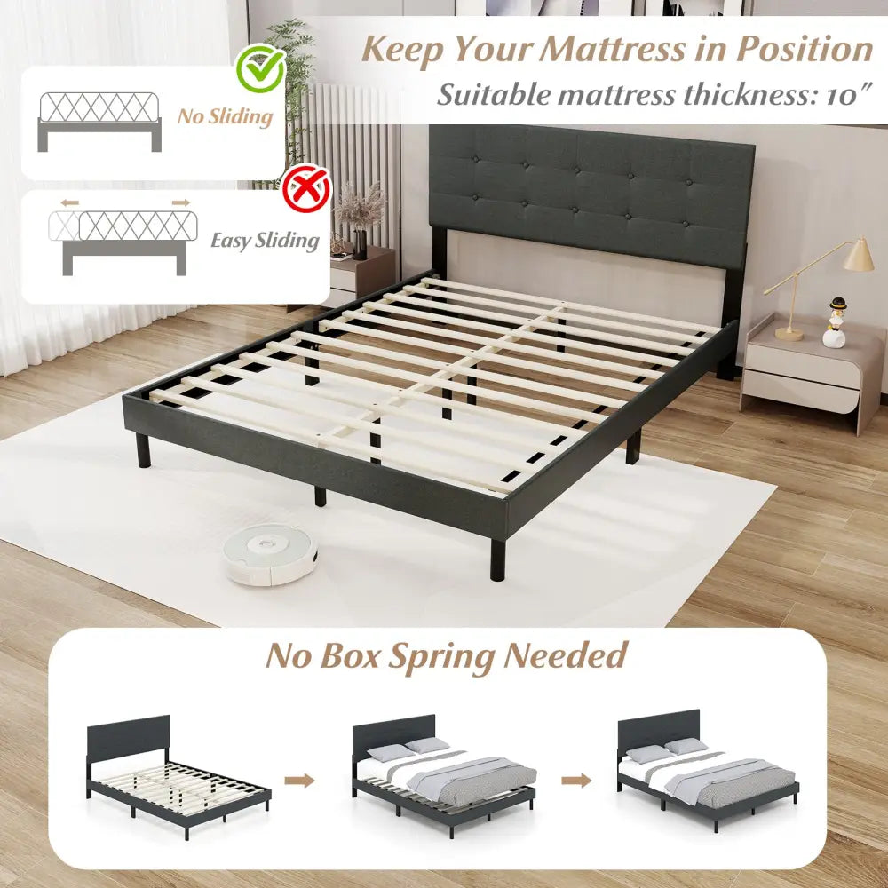Queen Size Upholstered Bed Frame Linen Platform Bed-Dark Gray - Dark Gray - Simple Bed Frame