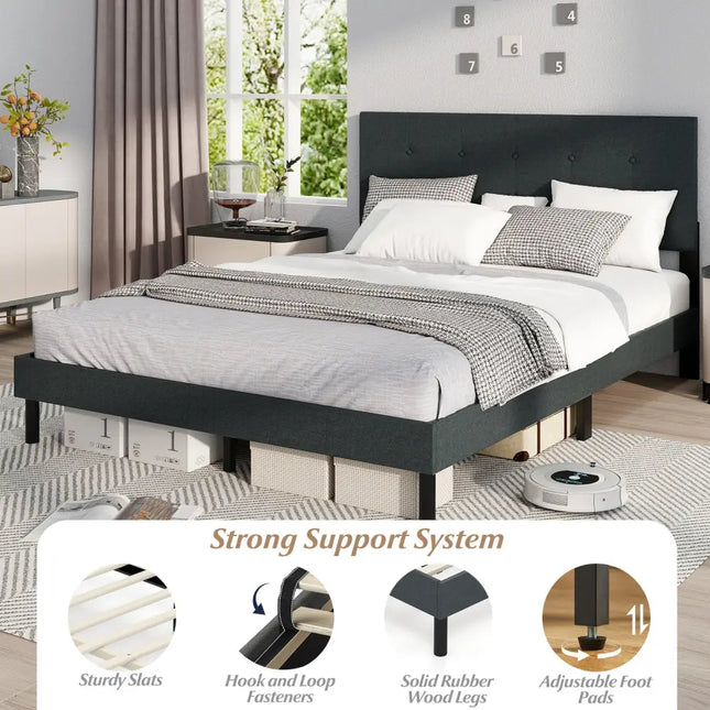 Queen Size Upholstered Bed Frame Linen Platform Bed-Dark Gray - Dark Gray - Simple Bed Frame