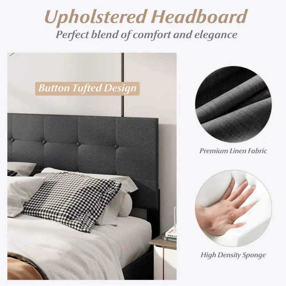 Queen Size Upholstered Bed Frame Linen Platform Bed-Dark Gray - Dark Gray - Simple Bed Frame