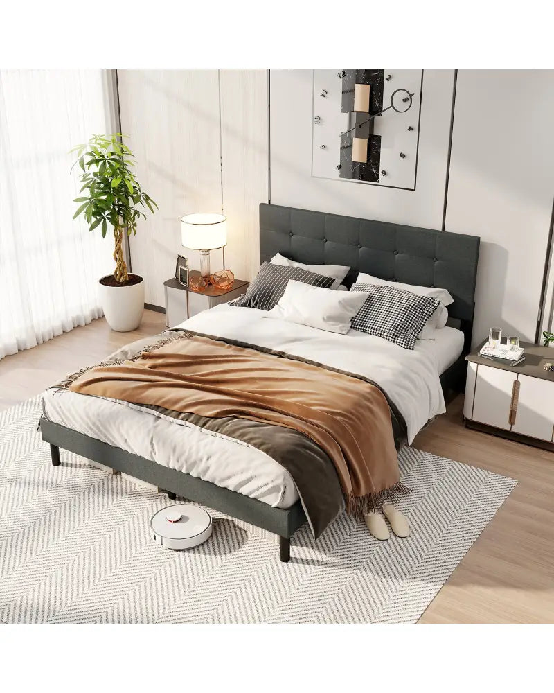 Queen Size Upholstered Bed Frame Linen Platform Bed-Dark Gray - Dark Gray - Simple Bed Frame
