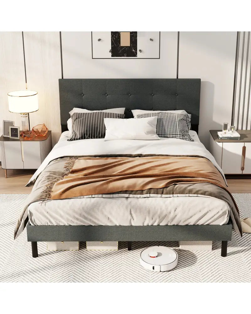 Queen Size Upholstered Bed Frame Linen Platform Bed-Dark Gray - Dark Gray - Simple Bed Frame