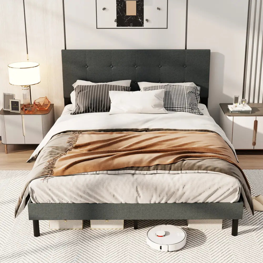 Queen Size Upholstered Bed Frame Linen Platform Bed-Dark Gray - Dark Gray - Simple Bed Frame
