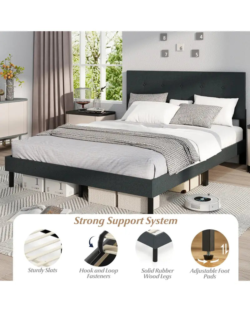 Queen Size Upholstered Bed Frame Linen Platform Bed-Dark Gray - Dark Gray - Simple Bed Frame
