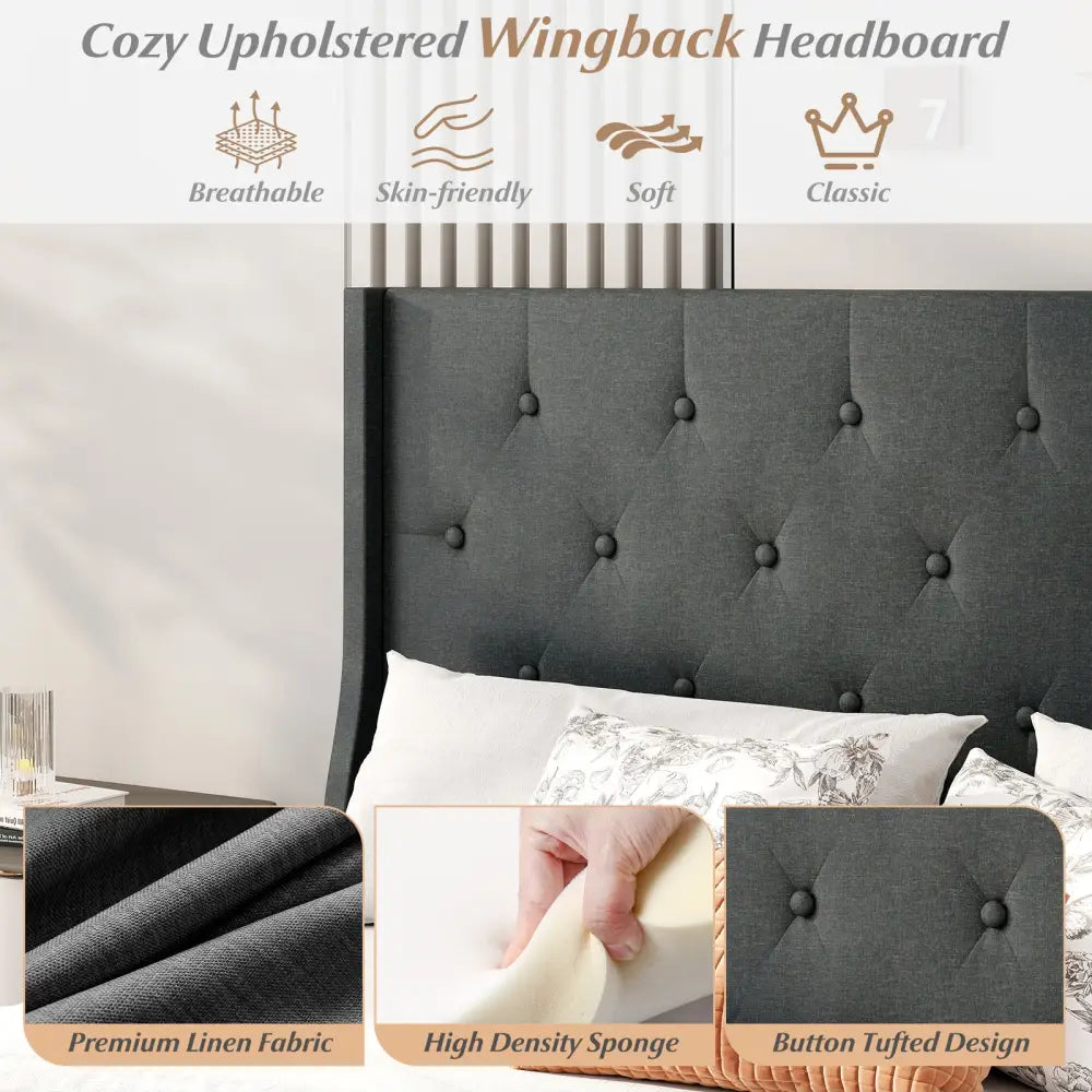 Queen Size Upholstered Bed Frame with Button Tufted Wingback Headboard and Wooden Slats Support Mattress